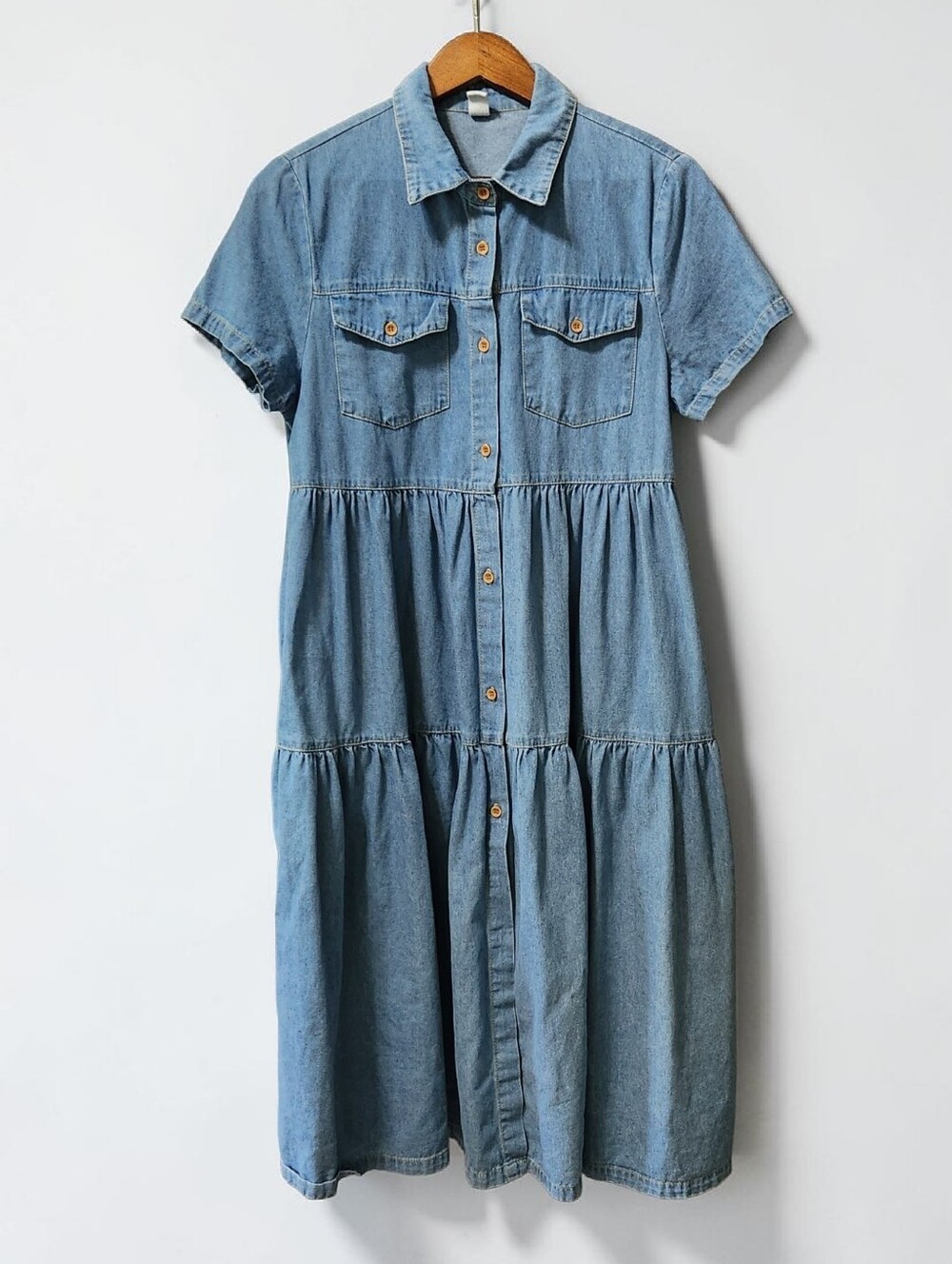 Cy Chambray Ruffle Tiered Midi Dress Women M Cottage Boho Lagenlook Short Sleeve - Picture 1 of 12